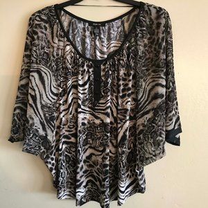 Style & Co. Animal Print/Sheer Top - Bat Wing Slv